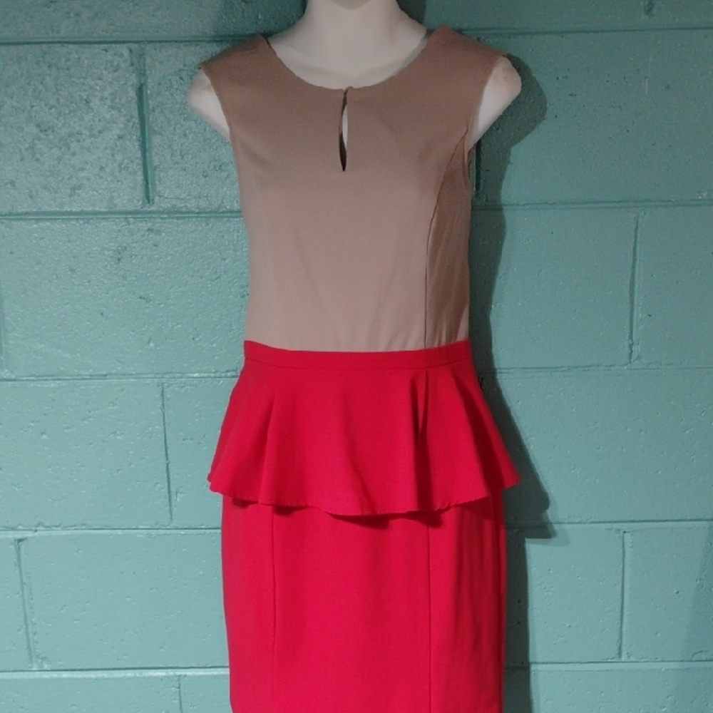Chic Tan and Red Peplum Midi Dress